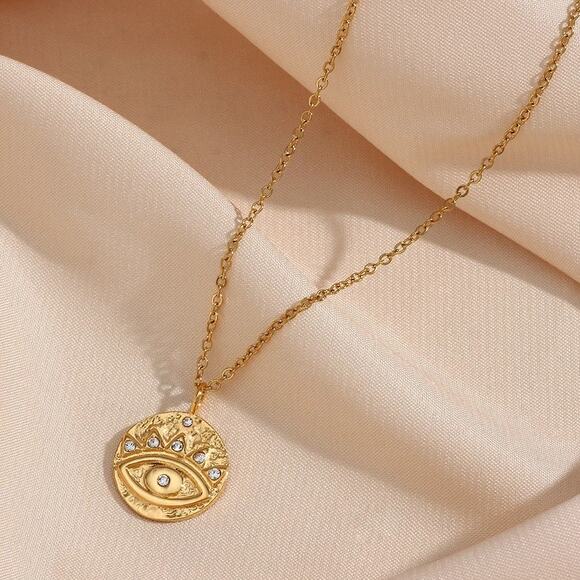 Evil Eye 18K Gold Plated Stainless Steel Coin Zircon Pendant Necklace Protection - Picture 6 of 10